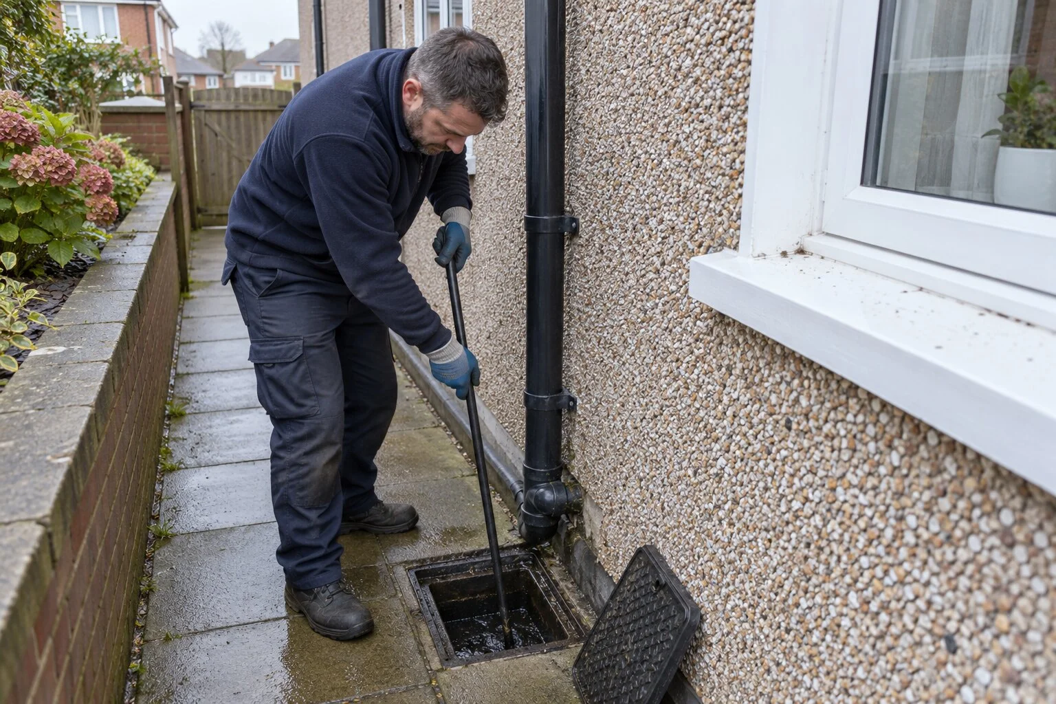 Engineer rodding a drain gully beside a pebble-dashed house