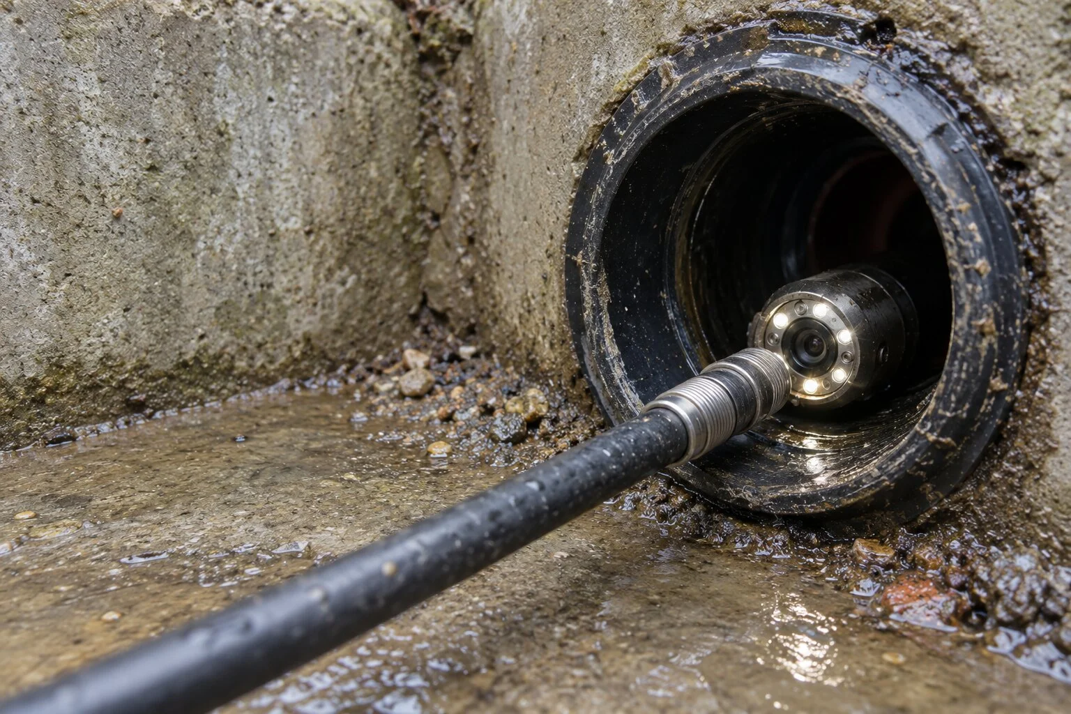 Drain inspection camera head entering a pipe