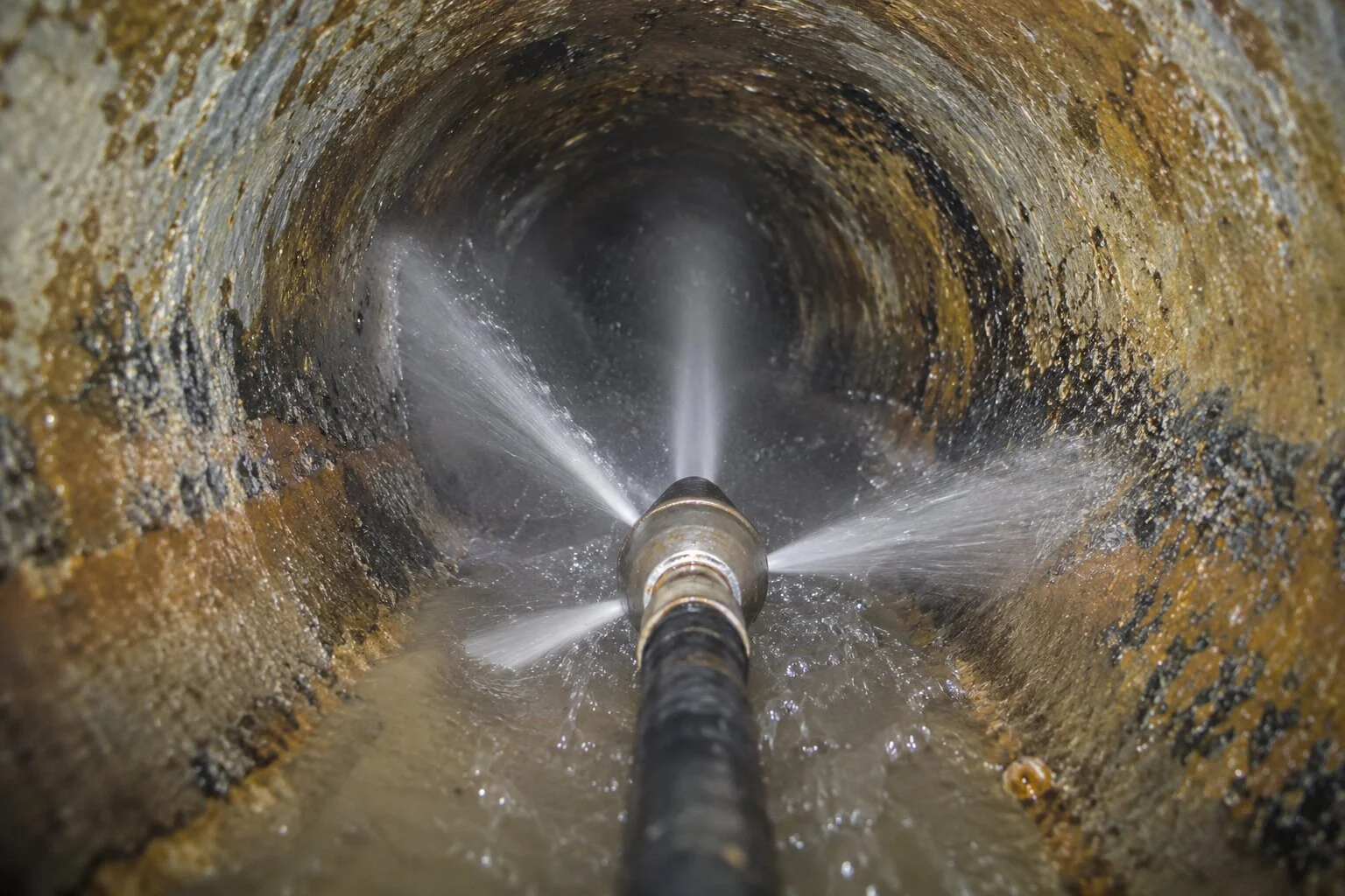 Jetting nozzle spraying water inside a drain pipe