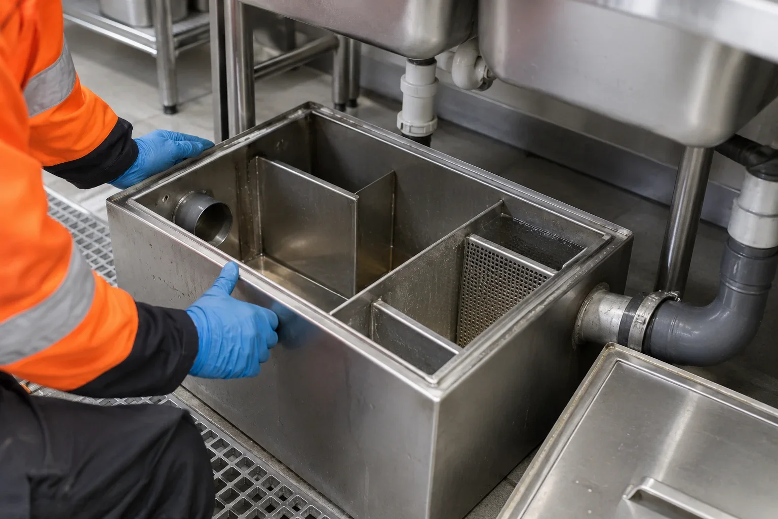 AI-generated illustrative scene: commercial kitchen grease trap inspection and cleaning