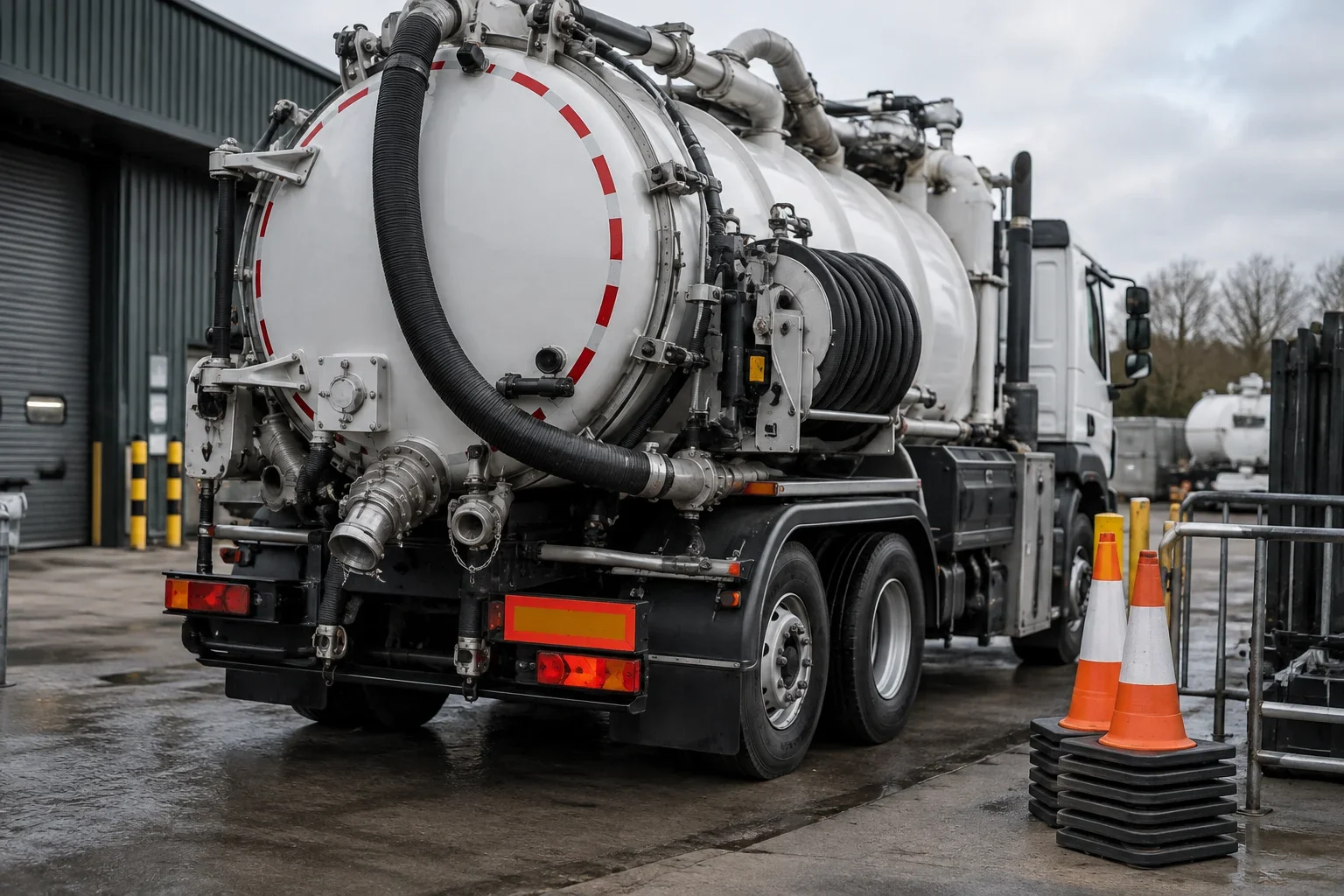 AI-generated illustrative scene: clean vacuum equipment and folded safety cones in depot