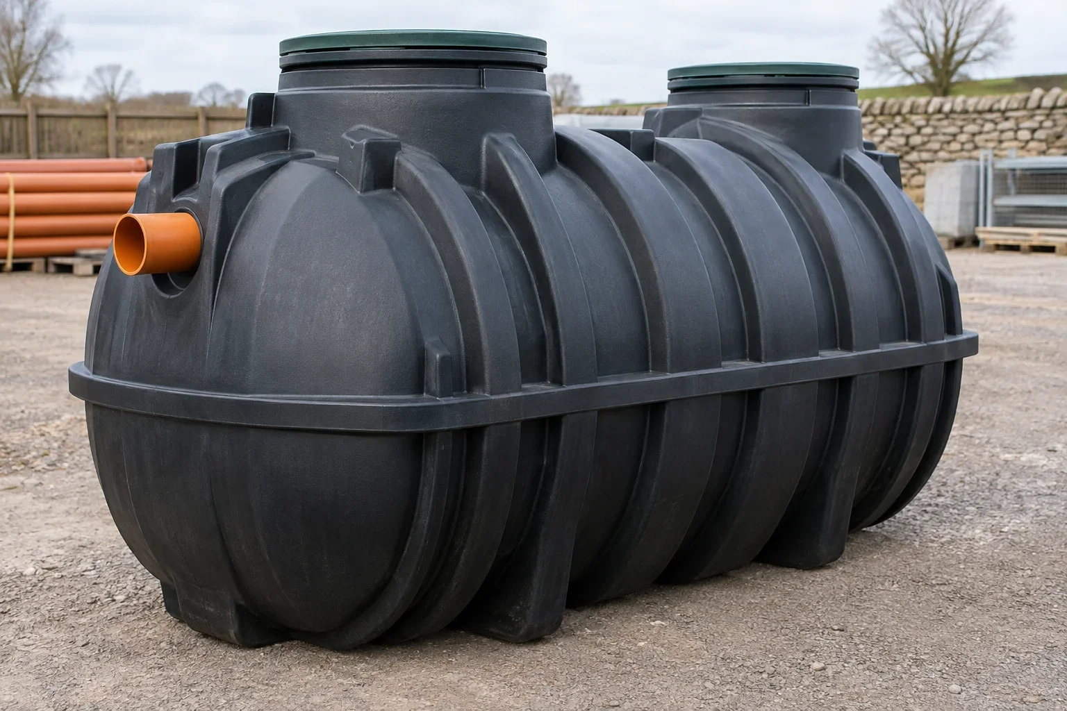 AI-generated illustrative scene: uninstalled septic tank with ribbed moulded shell, neutral equipment yard background