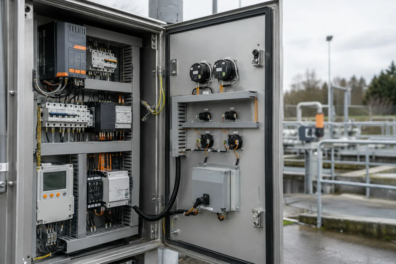 AI-generated illustrative scene: electrical control cabinet and maintenance gauges, close detail