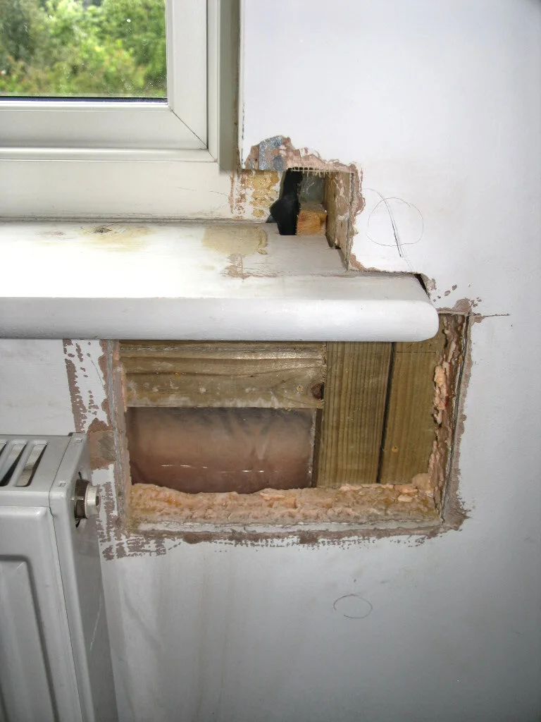 Rotten window frame opened up for inspection