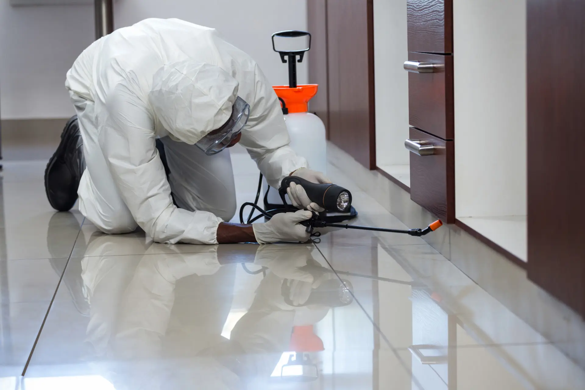 Pest control worker looking under a cabinet