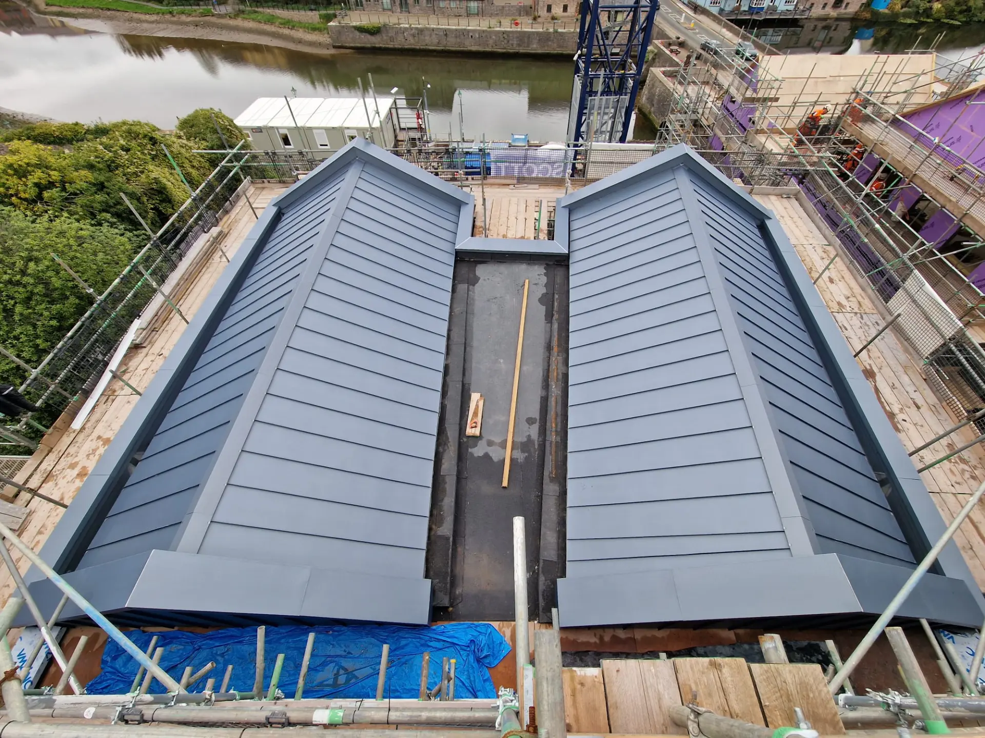Commercial VmZinc Pigmento Blue standing seam roof and cladding project, Pembroke