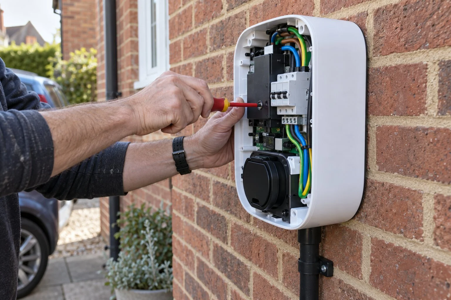Electrician fitting a wallbox to a brick wall