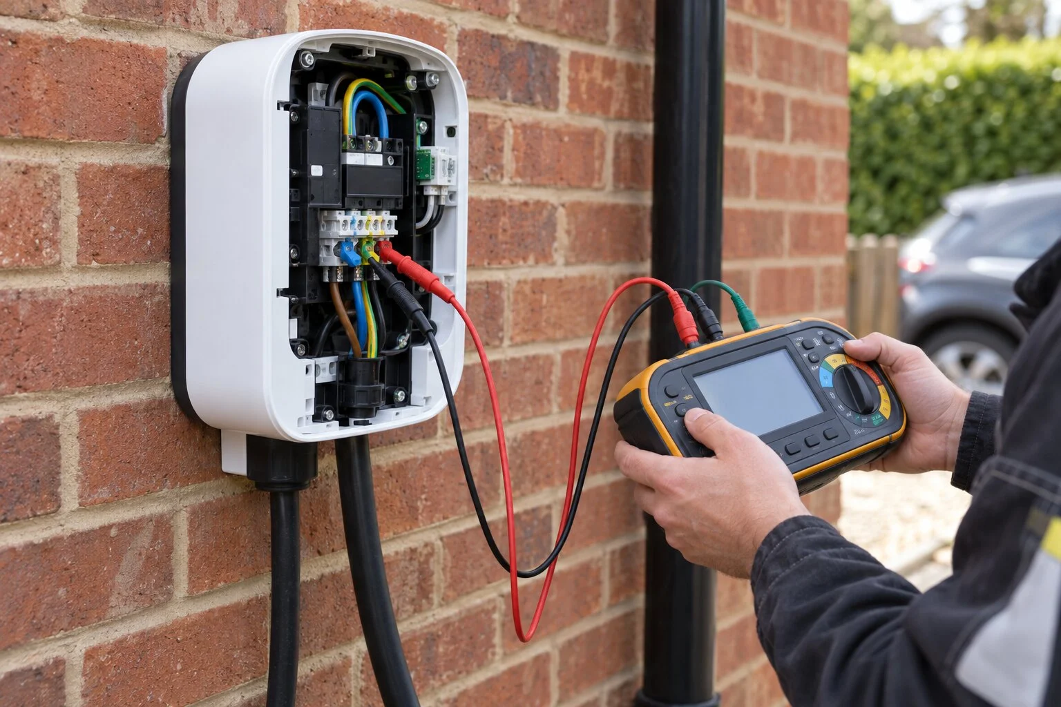 Electrician testing an open wallbox with a multifunction tester