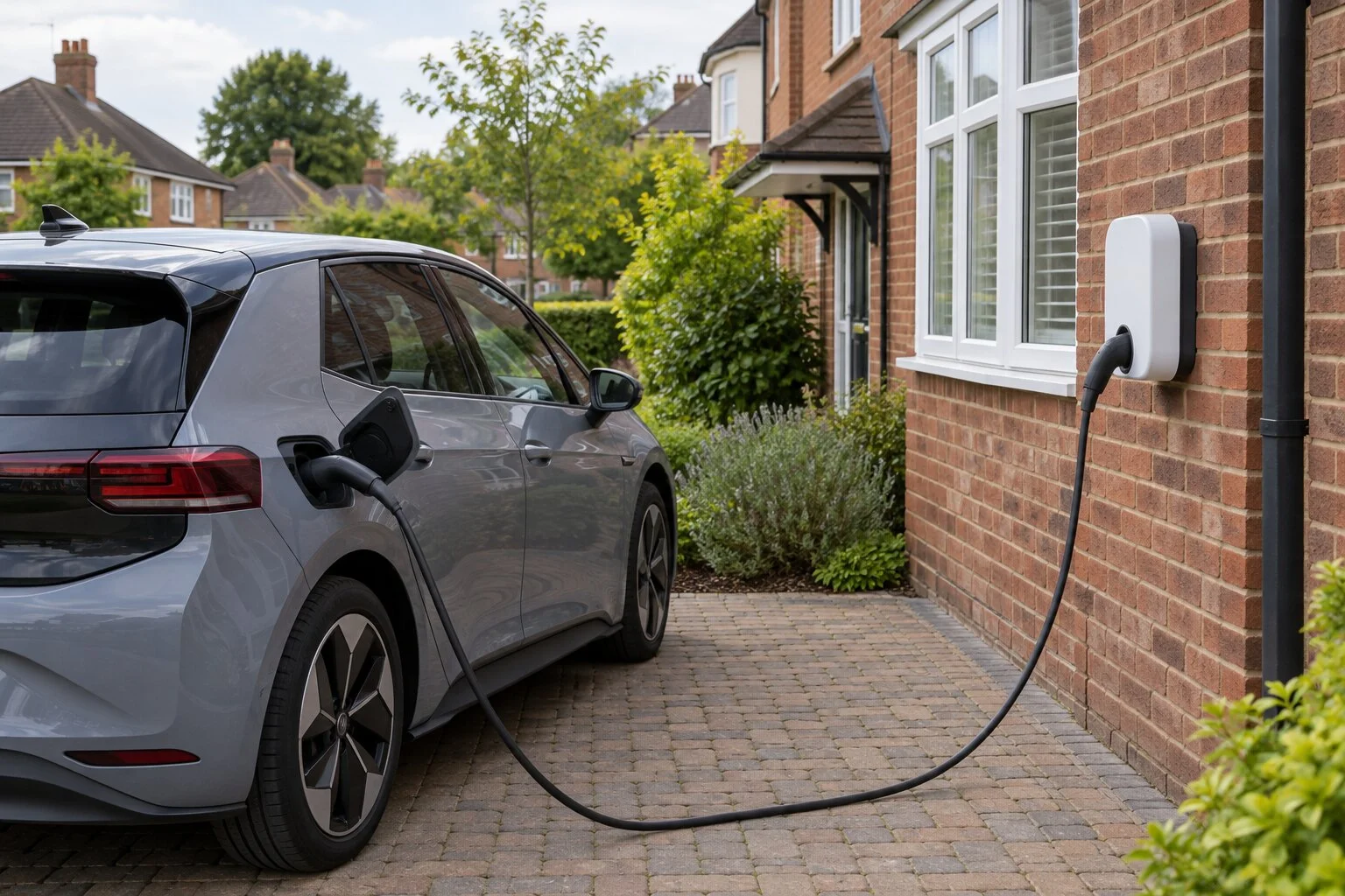 Wallbox on a brick house wall charging an electric car on the driveway