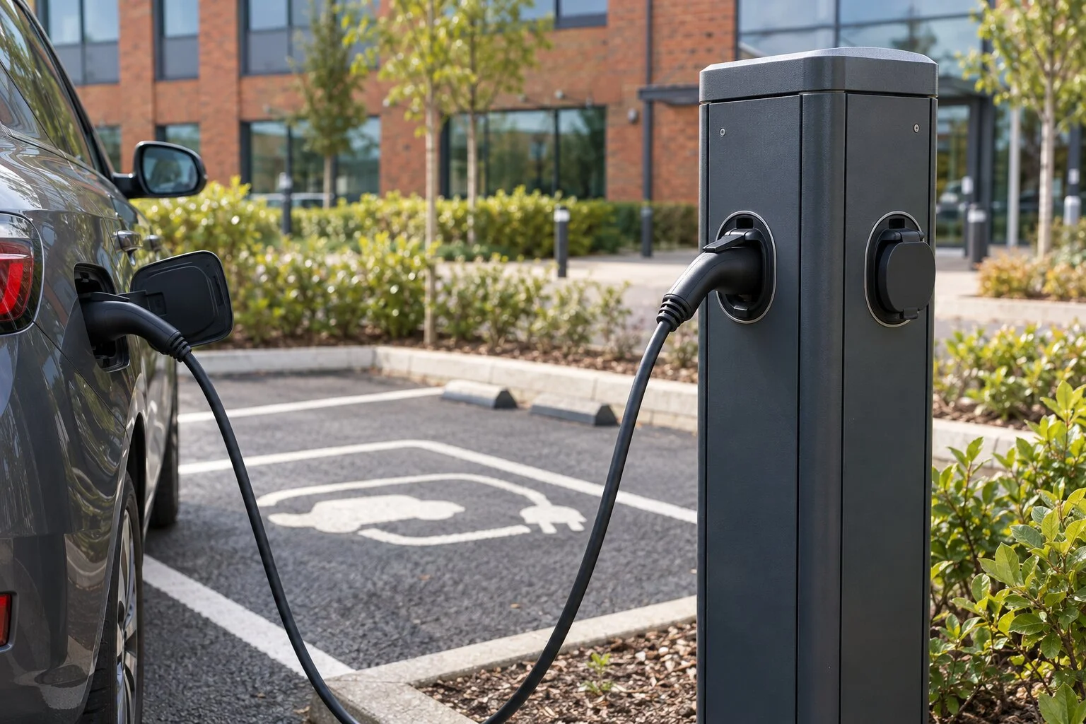 Twin-socket pedestal charge point with a car plugged in