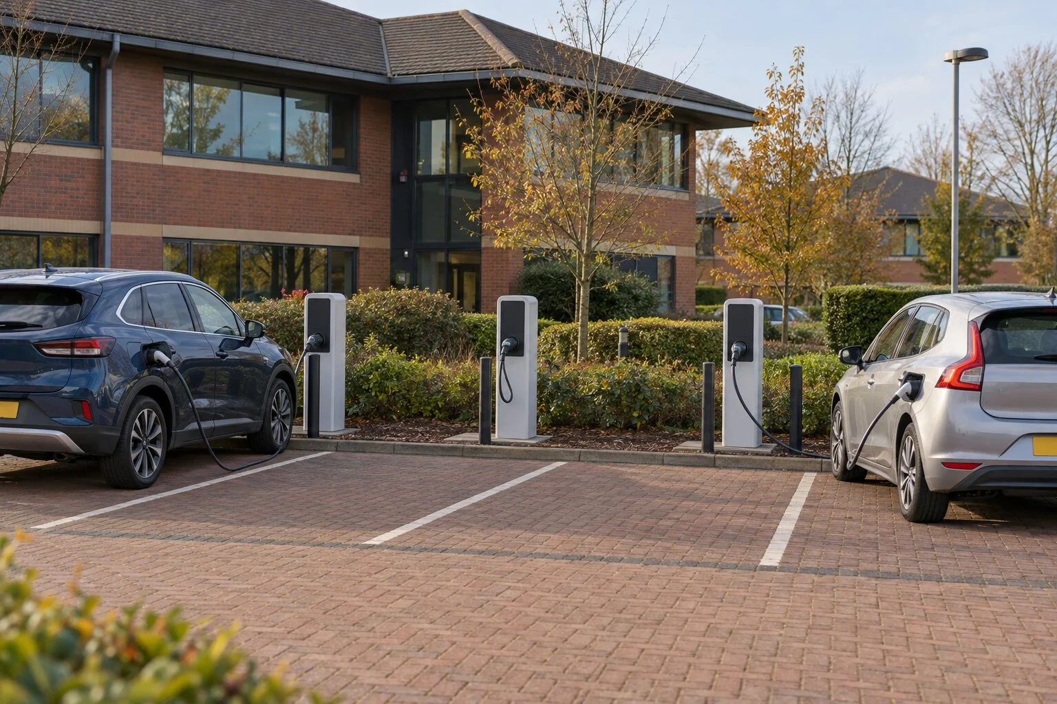 Row of pedestal charge points in a business car park