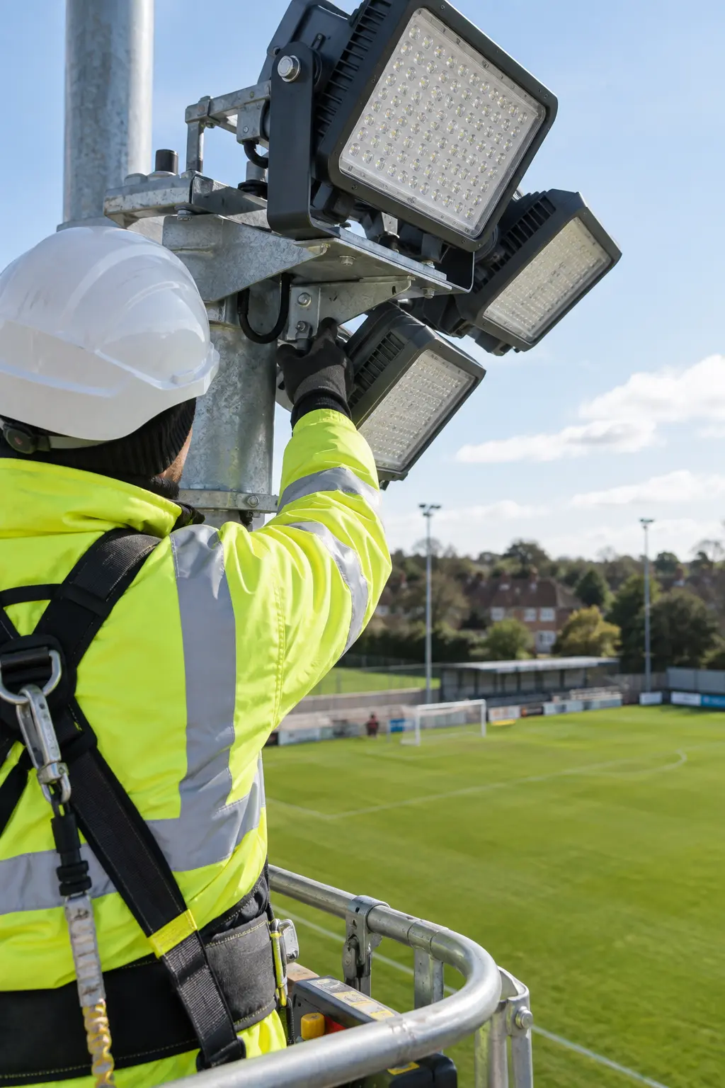 Electrical engineer inspecting a modern LED floodlight fitting at a sports ground