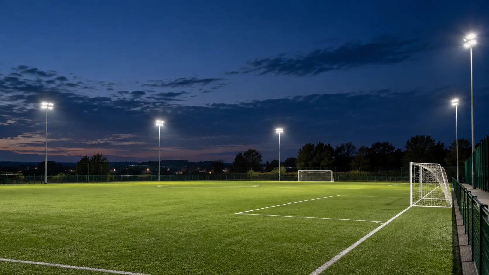 Community football pitch illuminated by tall LED stadium floodlights at dusk