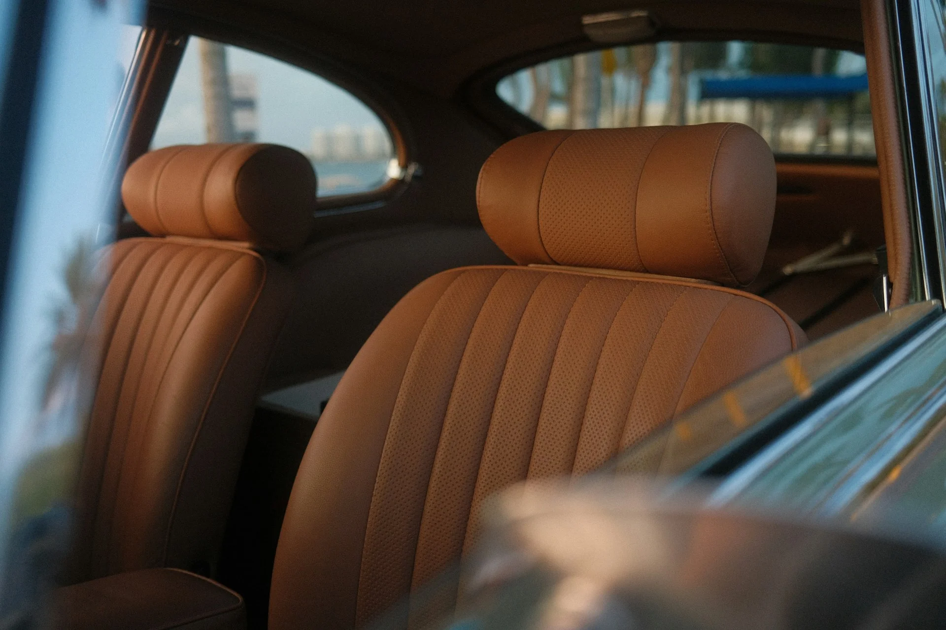 Brown leather seats in a classic saloon car