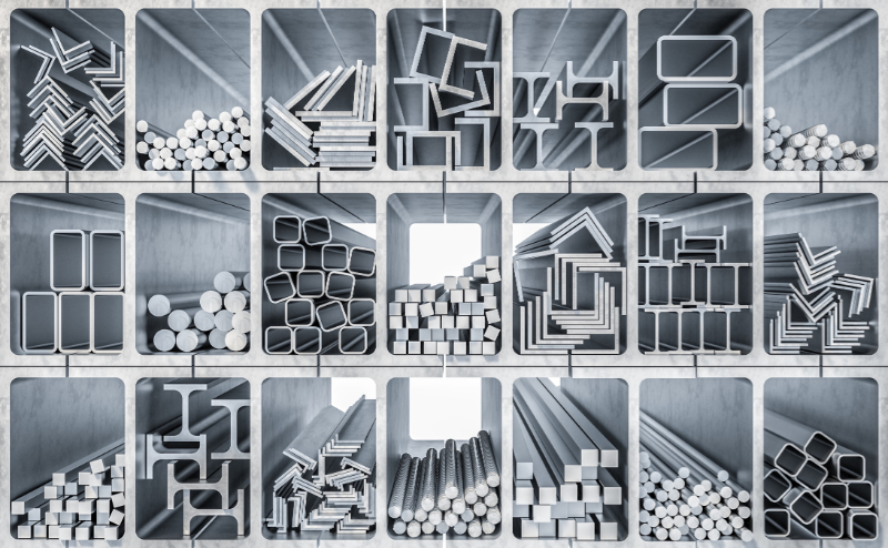 Steel sections of different profiles stacked in racks