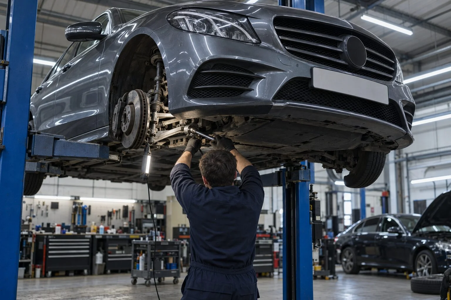A technician working on the front suspension of a Mercedes on a lift