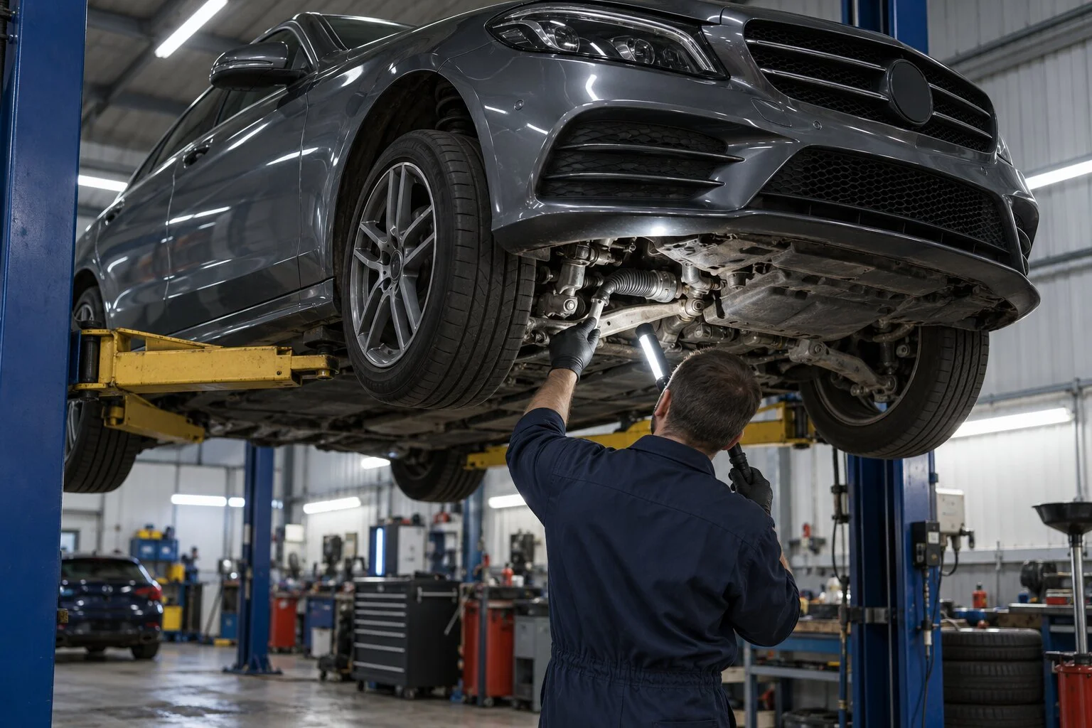 A technician checking the steering and suspension under a Mercedes on a lift