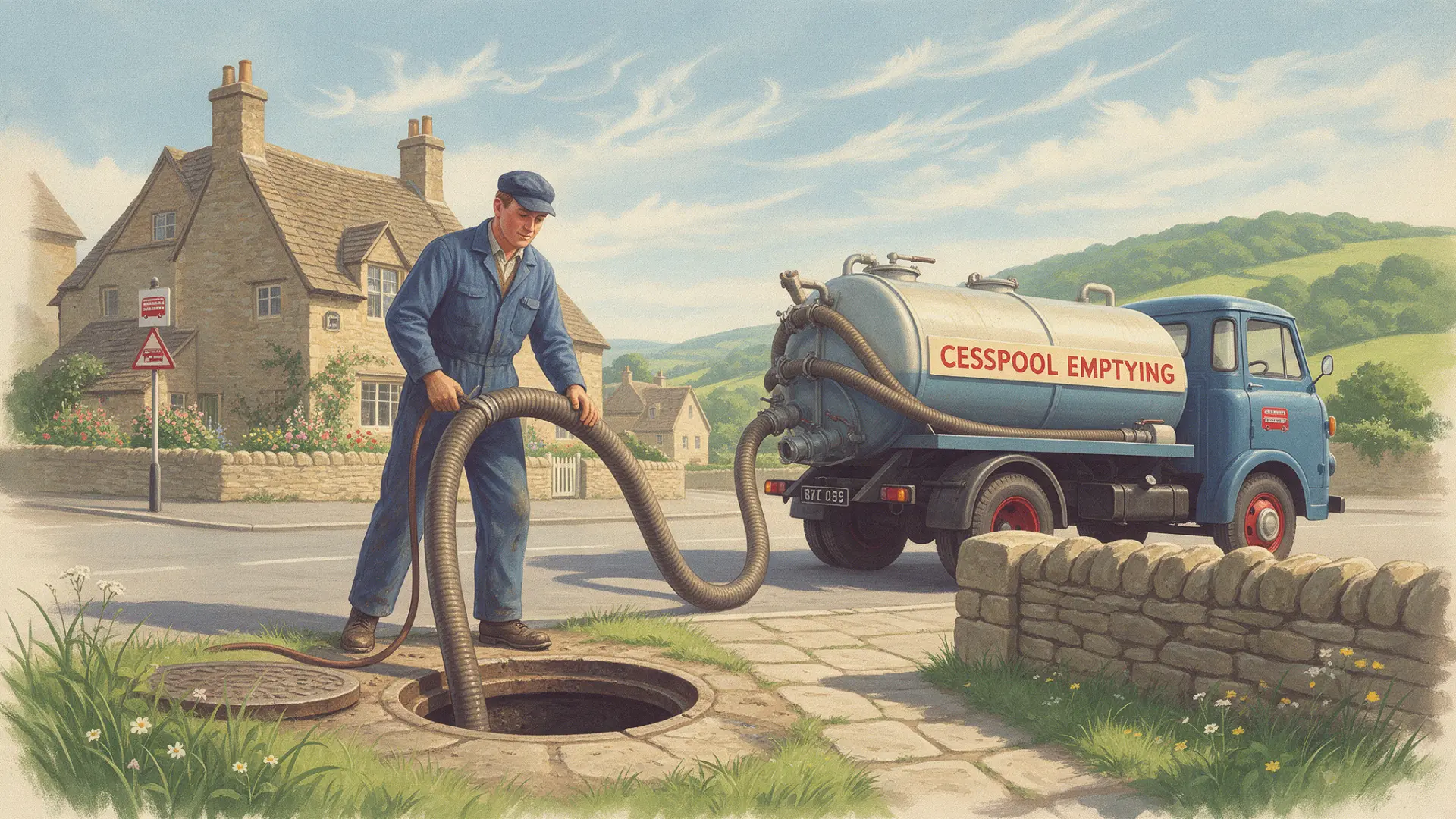 Cesspool Emptying: illustration of a worker with a suction hose beside a cesspool emptying tanker