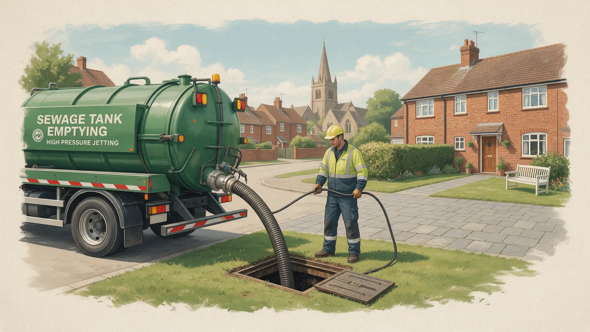 Signs Your Septic Tank or Drains Need Attention: illustration of a worker beside a green tanker with a hose in an open chamber