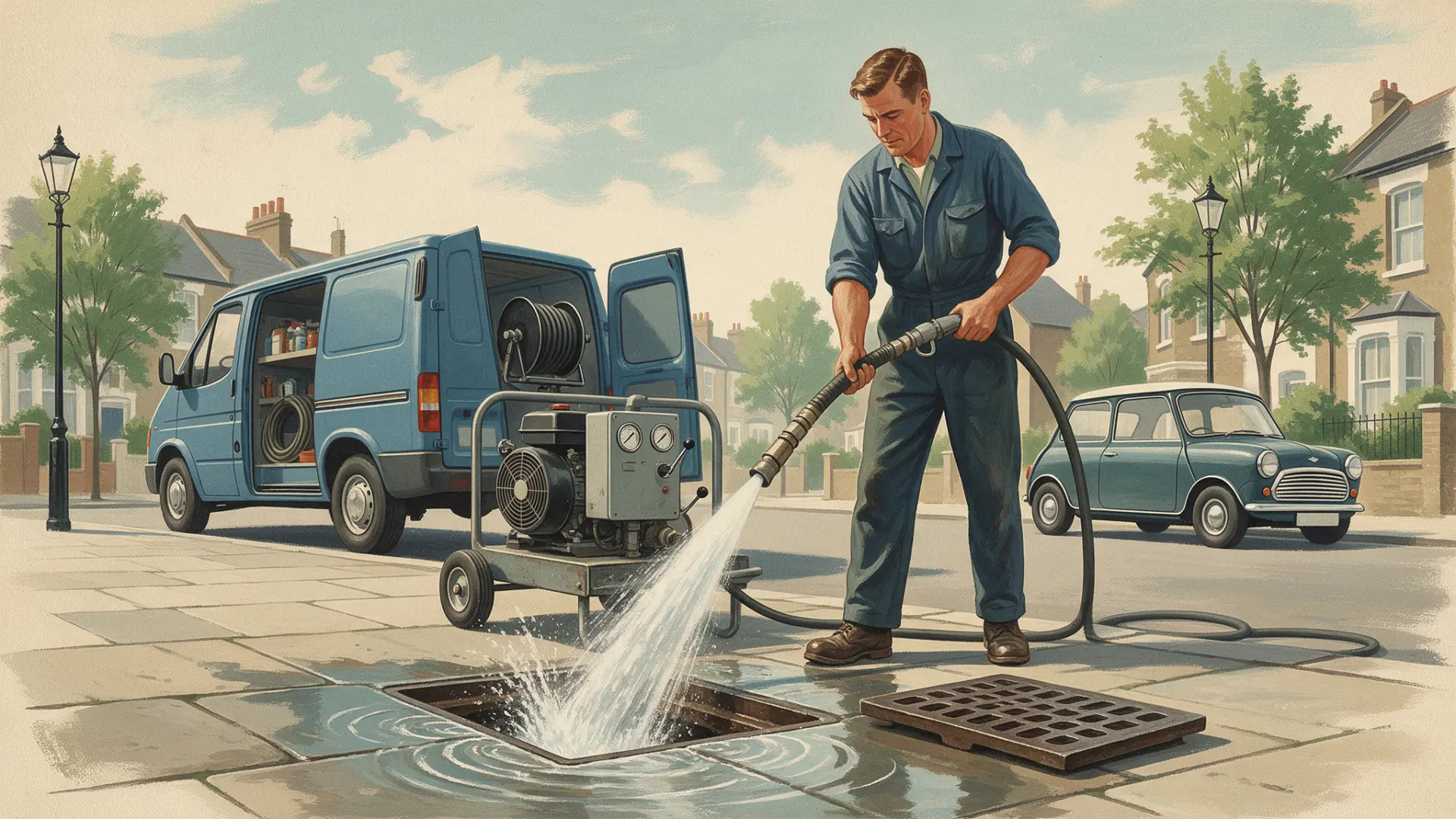 Drain Jetting: illustration of a worker directing a water jet into an open drain beside a blue van