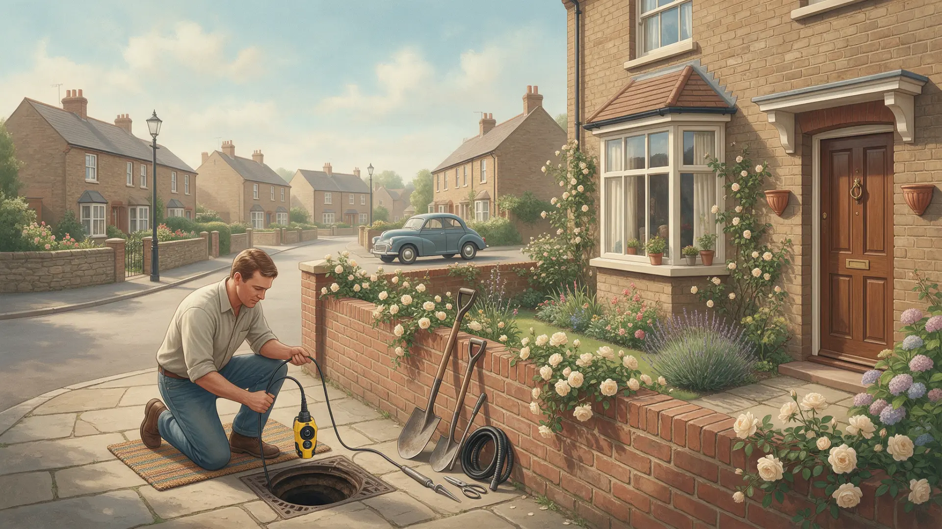 CCTV Drain Surveys: illustration of a worker lowering inspection equipment into an open drain