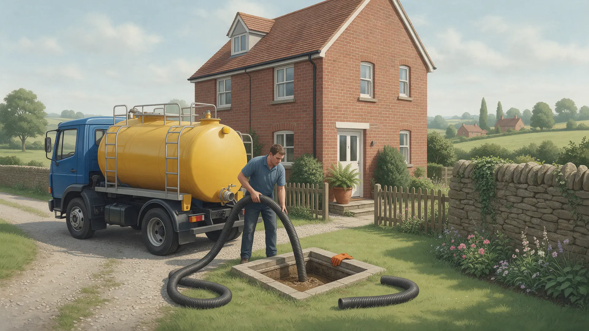 Septic Tank Emptying Costs in Wigan: illustration of a worker handling a hose beside a yellow tanker and an open tank