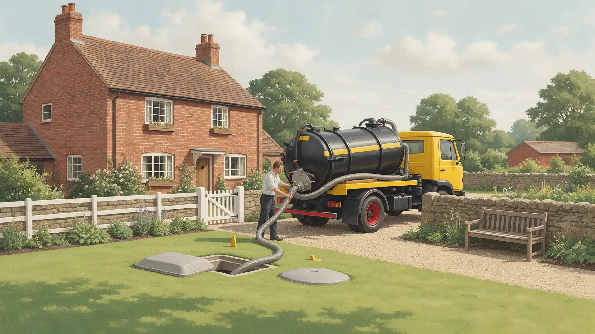 Septic Tank Emptying: illustration of a yellow tanker with a hose leading to an underground tank beside a house