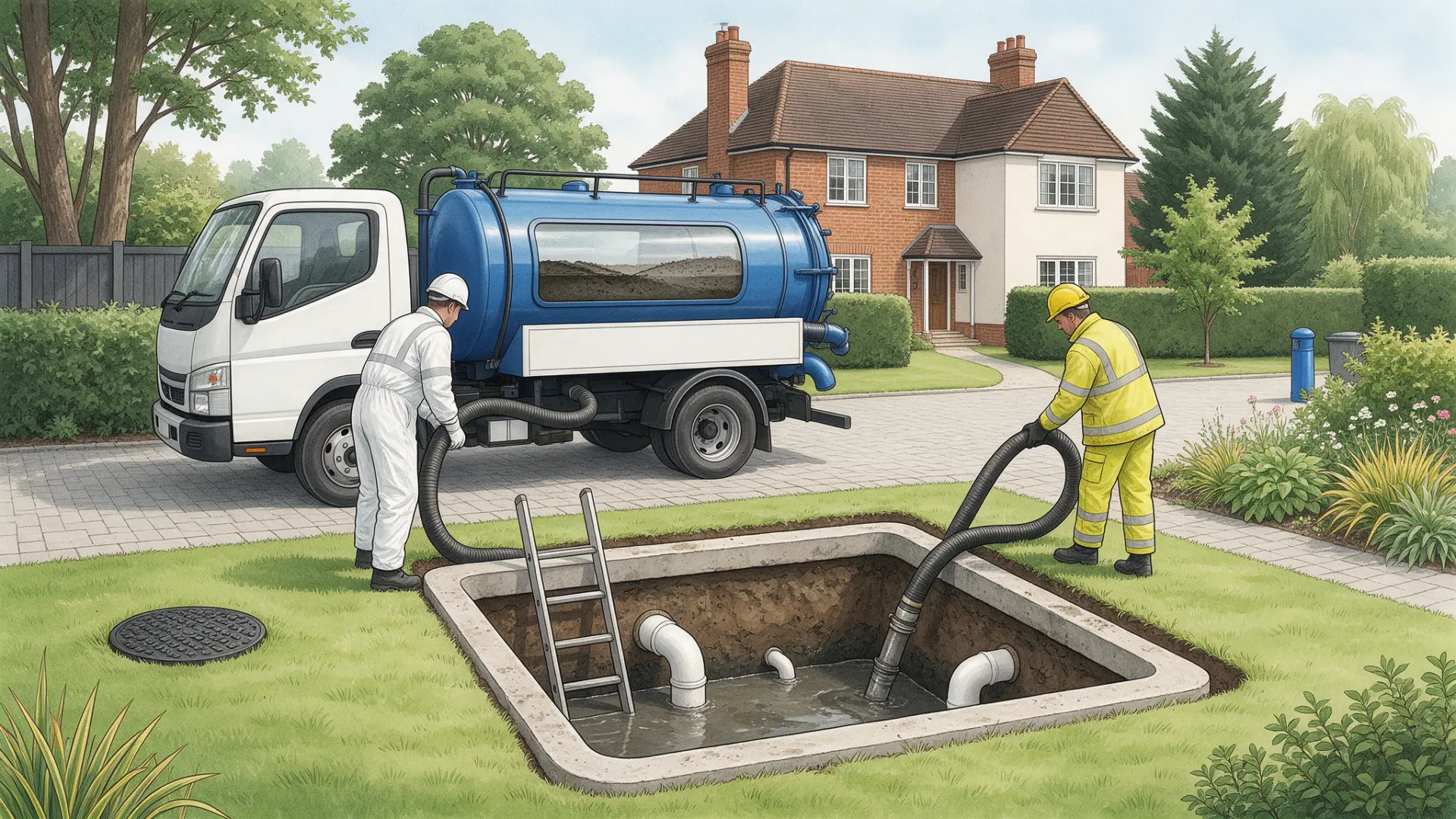 Septic Tank Maintenance Repairs and Replacement: illustration of two workers with tanker hoses at an open underground tank