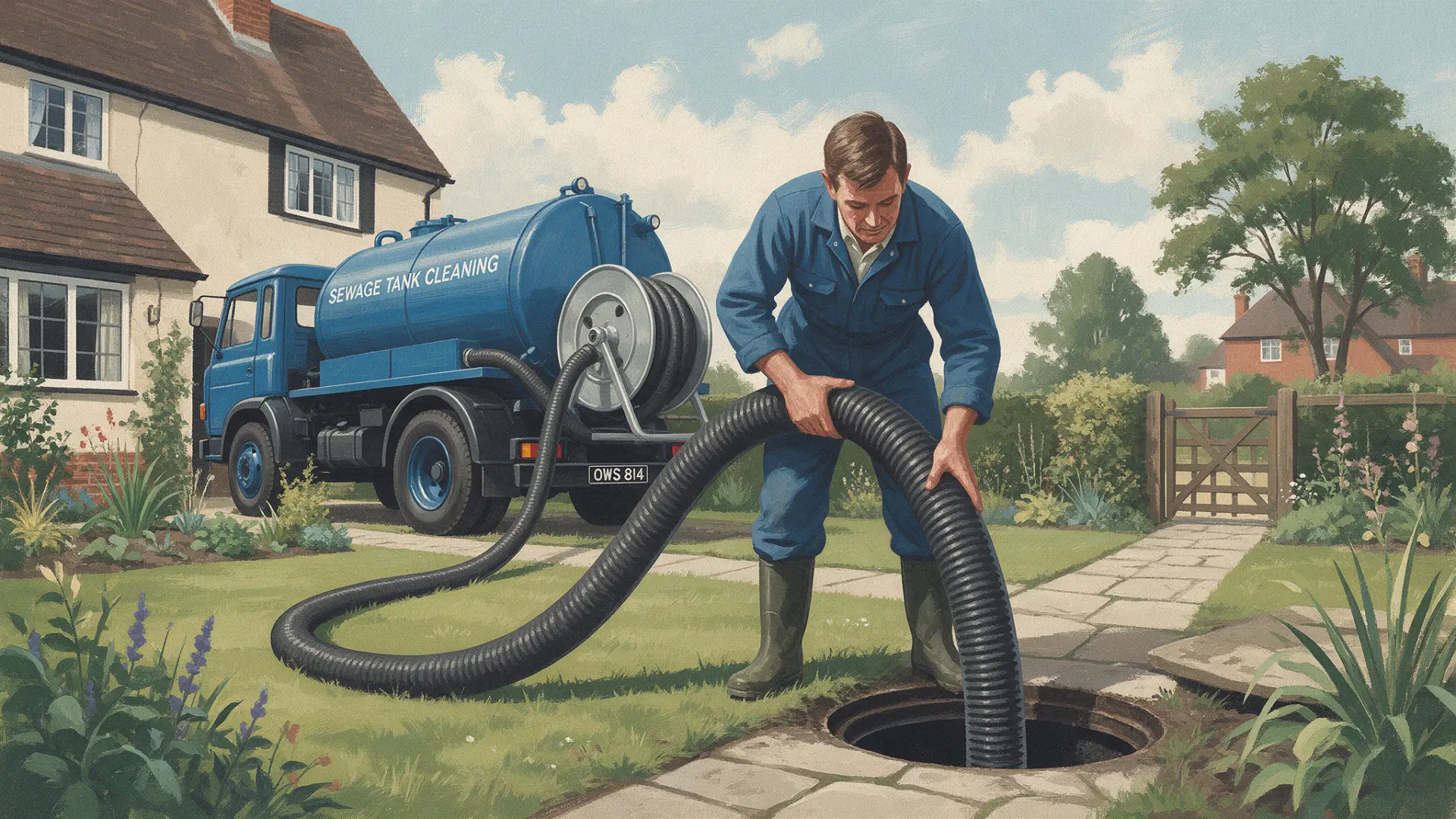 Septic Tank Cleaning and Emptying: illustration of a worker lowering a suction hose into a chamber beside a blue tanker