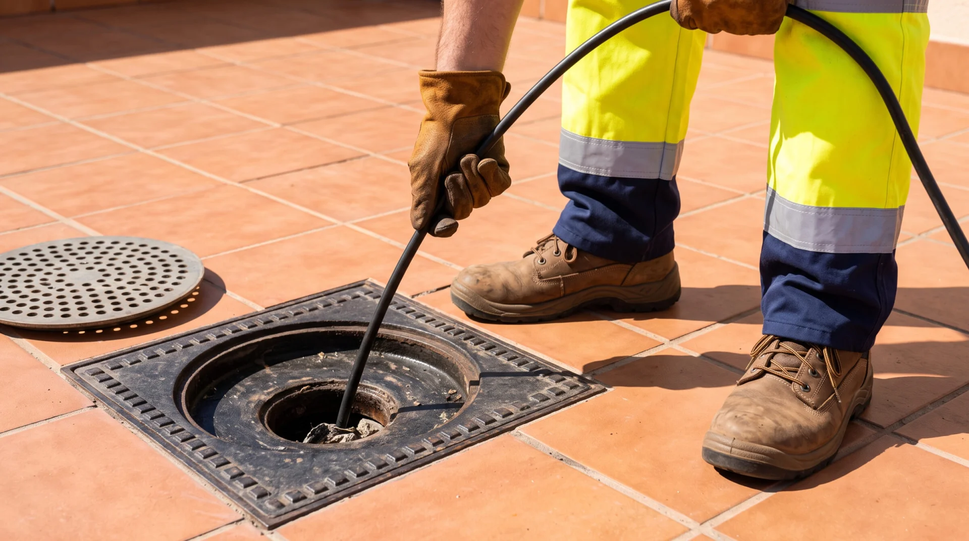 Engineer feeding a drain cleaning cable into a blocked outdoor gully
