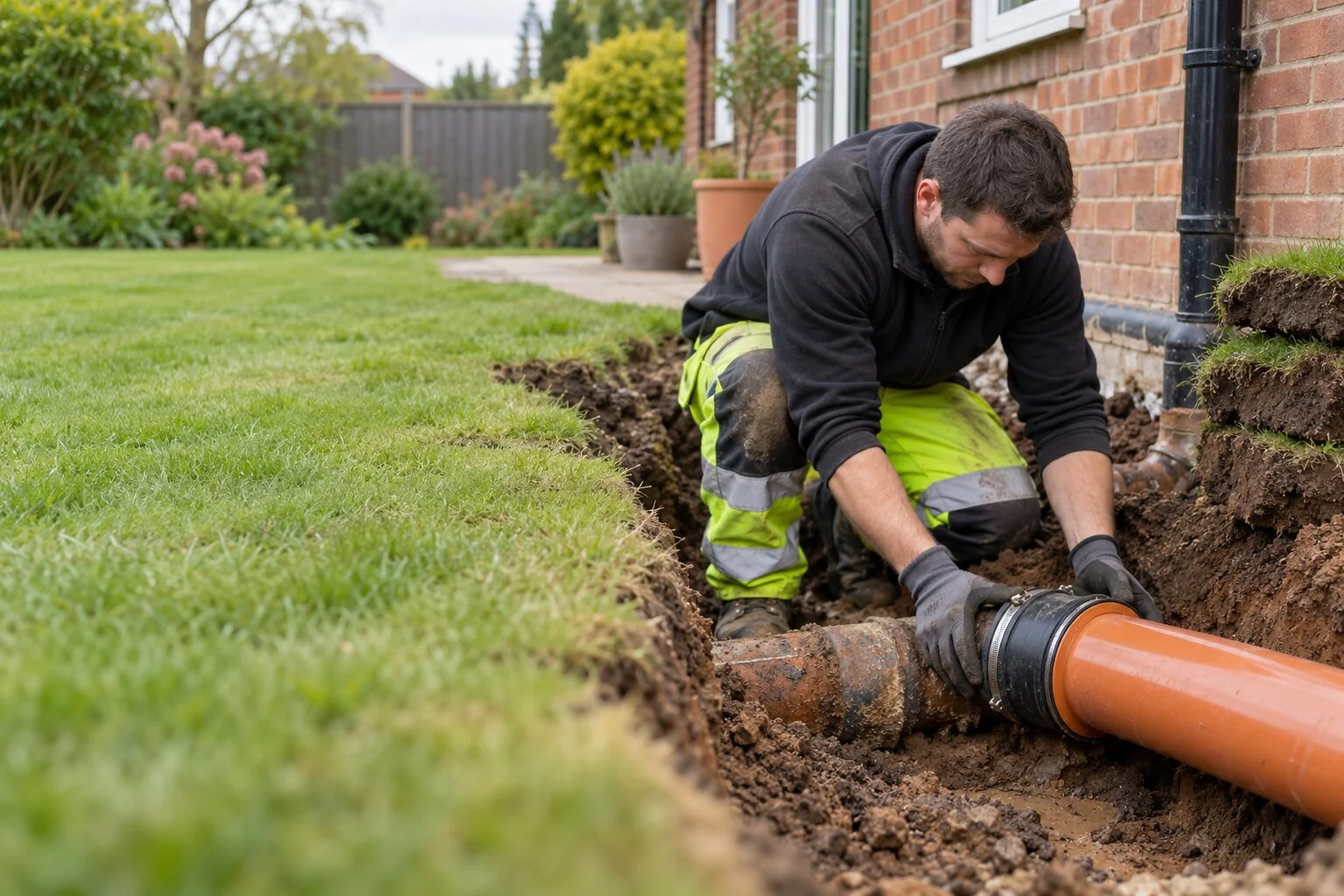 Engineer joining a new orange drain pipe to an old clay pipe in a garden trench