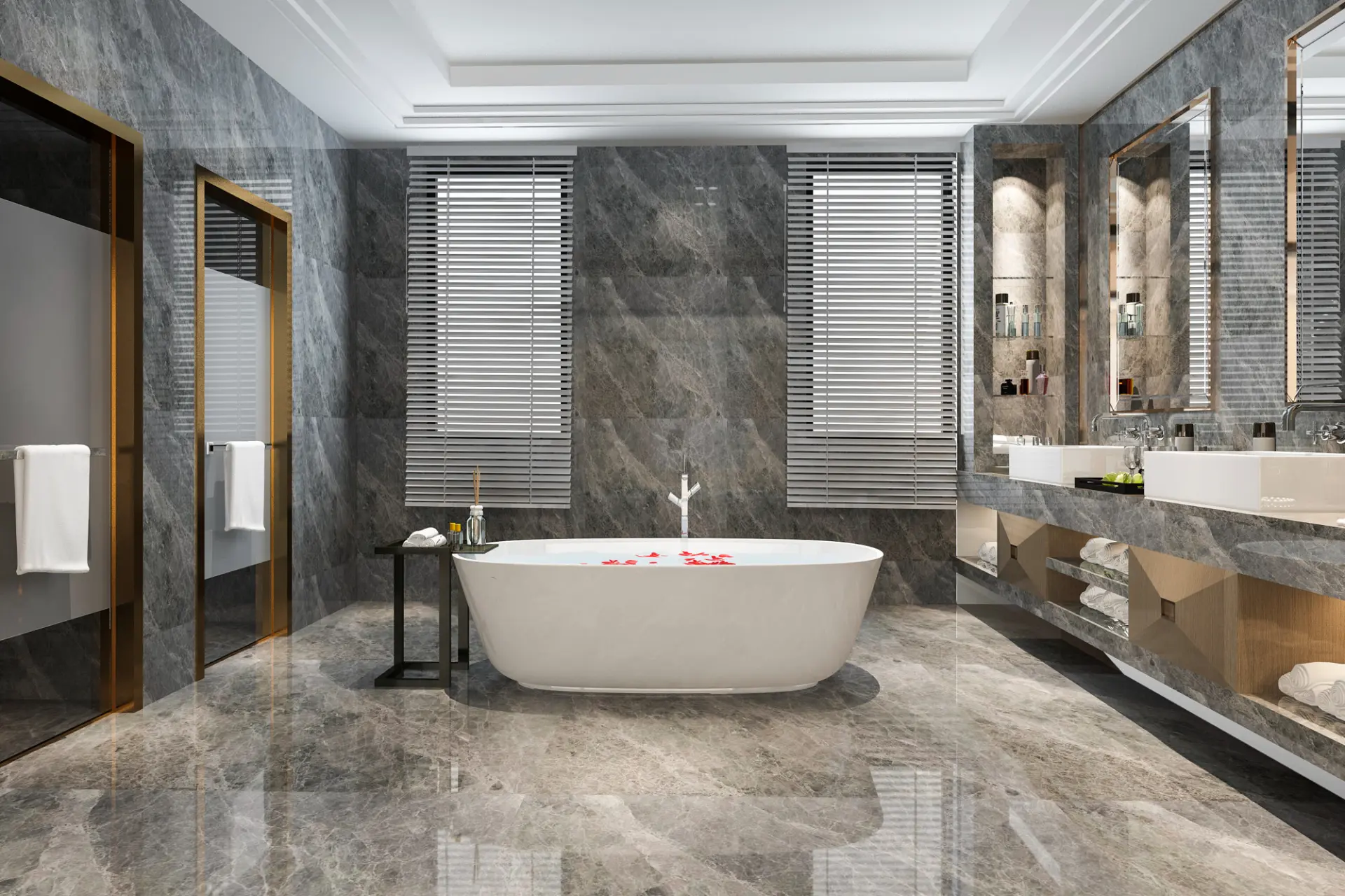 Luxury grey marble bathroom with a freestanding bath