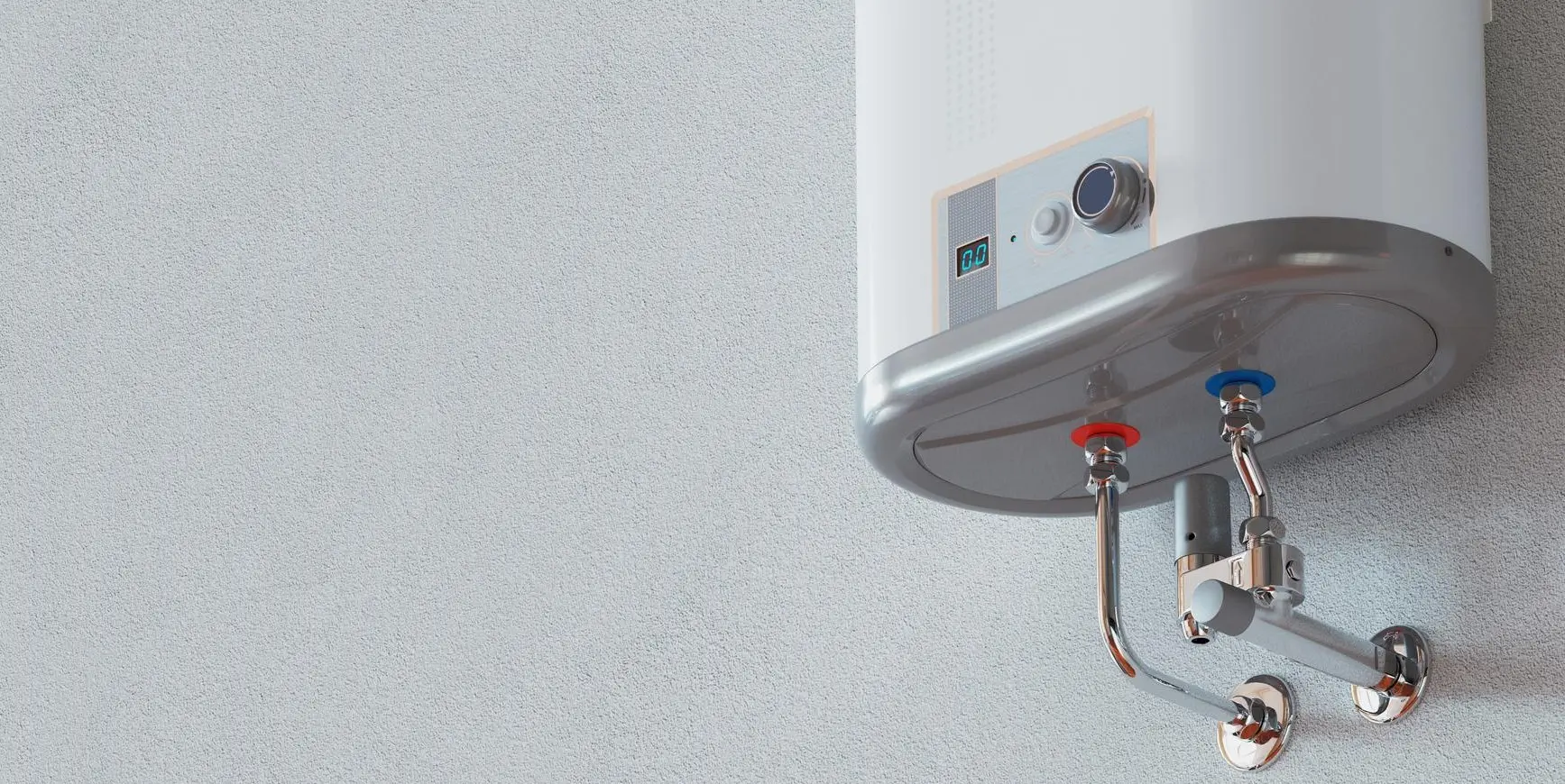 Wall-mounted white boiler with exposed pipework