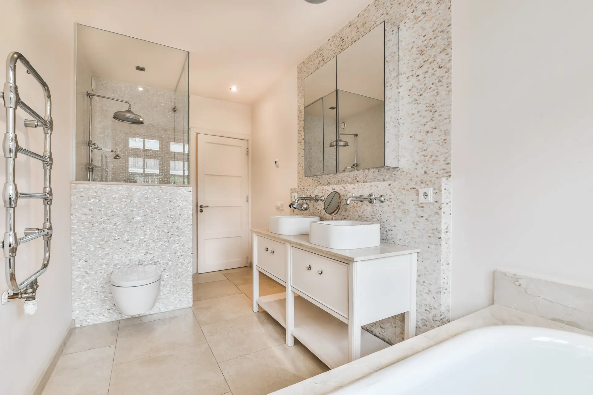 Newly fitted modern bathroom with contemporary plumbing fixtures