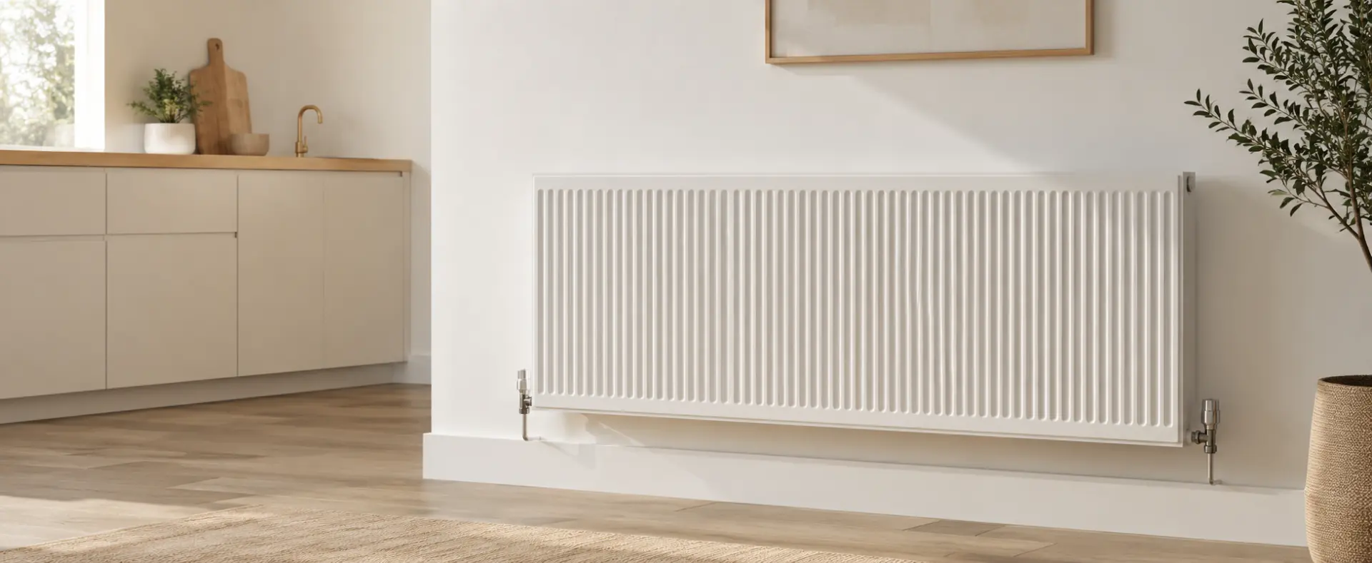 White panel radiator in a bright contemporary interior