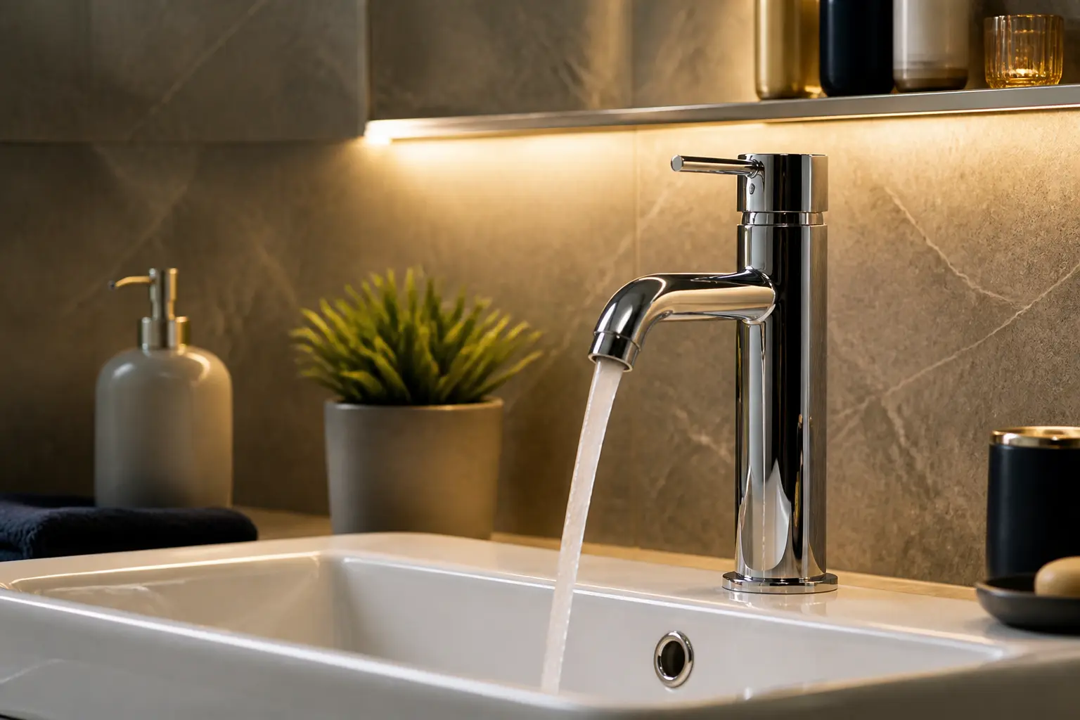 Polished modern tap and basin in a premium bathroom