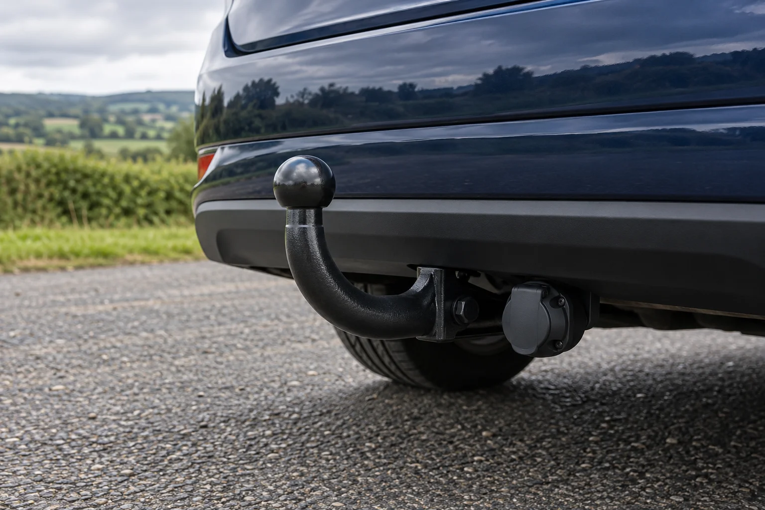 Fixed swan neck towbar beneath a car bumper