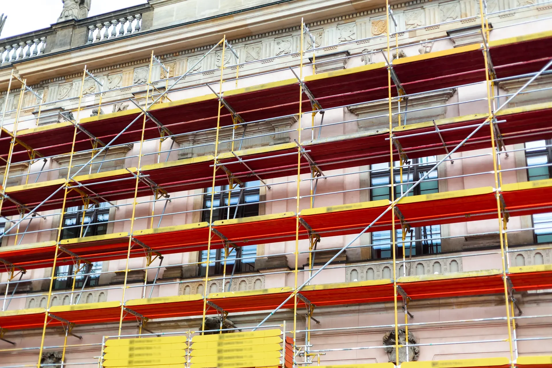 Scaffolding on a historic facade during restoration