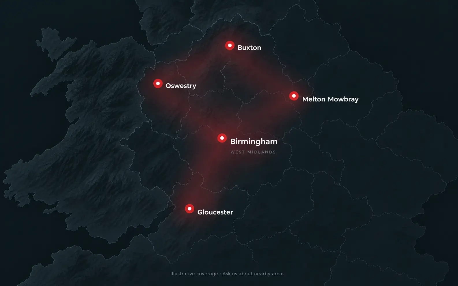 Illustrative mobile fitting coverage across the Midlands and surrounding areas