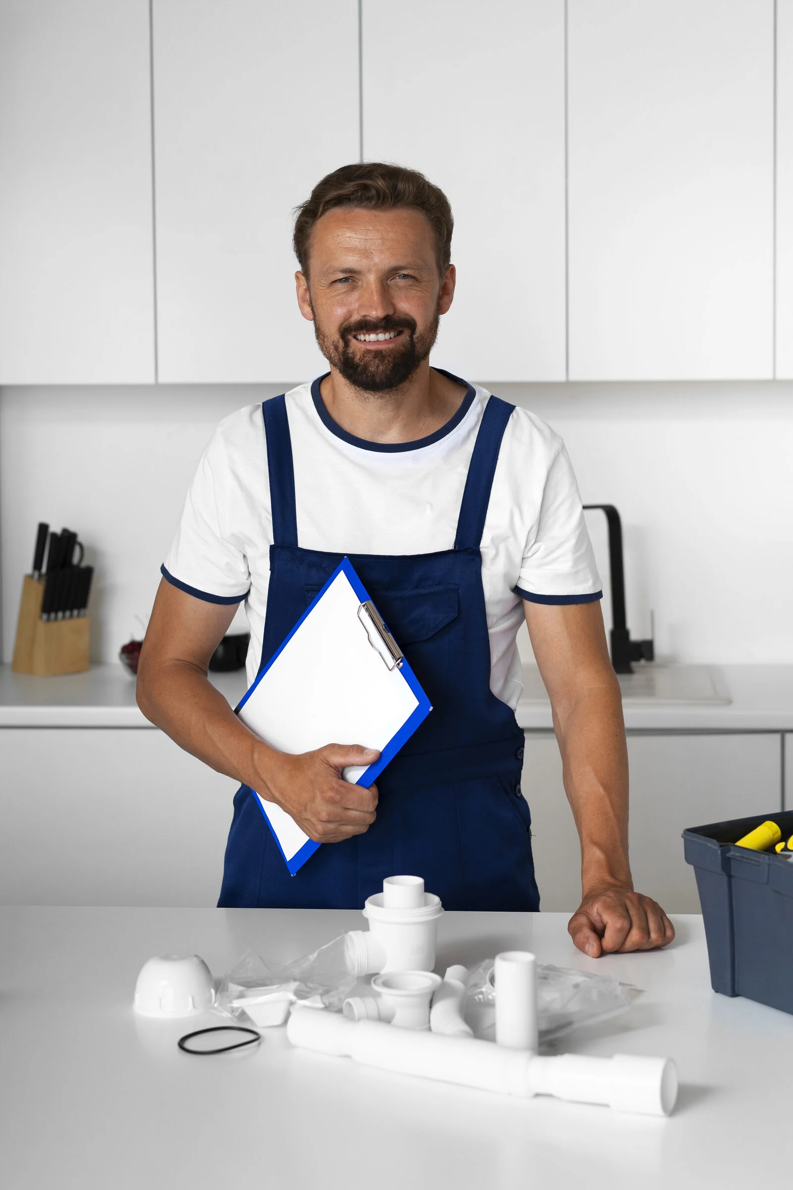 Plumber in overalls holding a clipboard