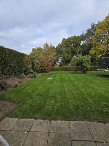 Striped back lawn with re-cut border edges and autumn trees behind