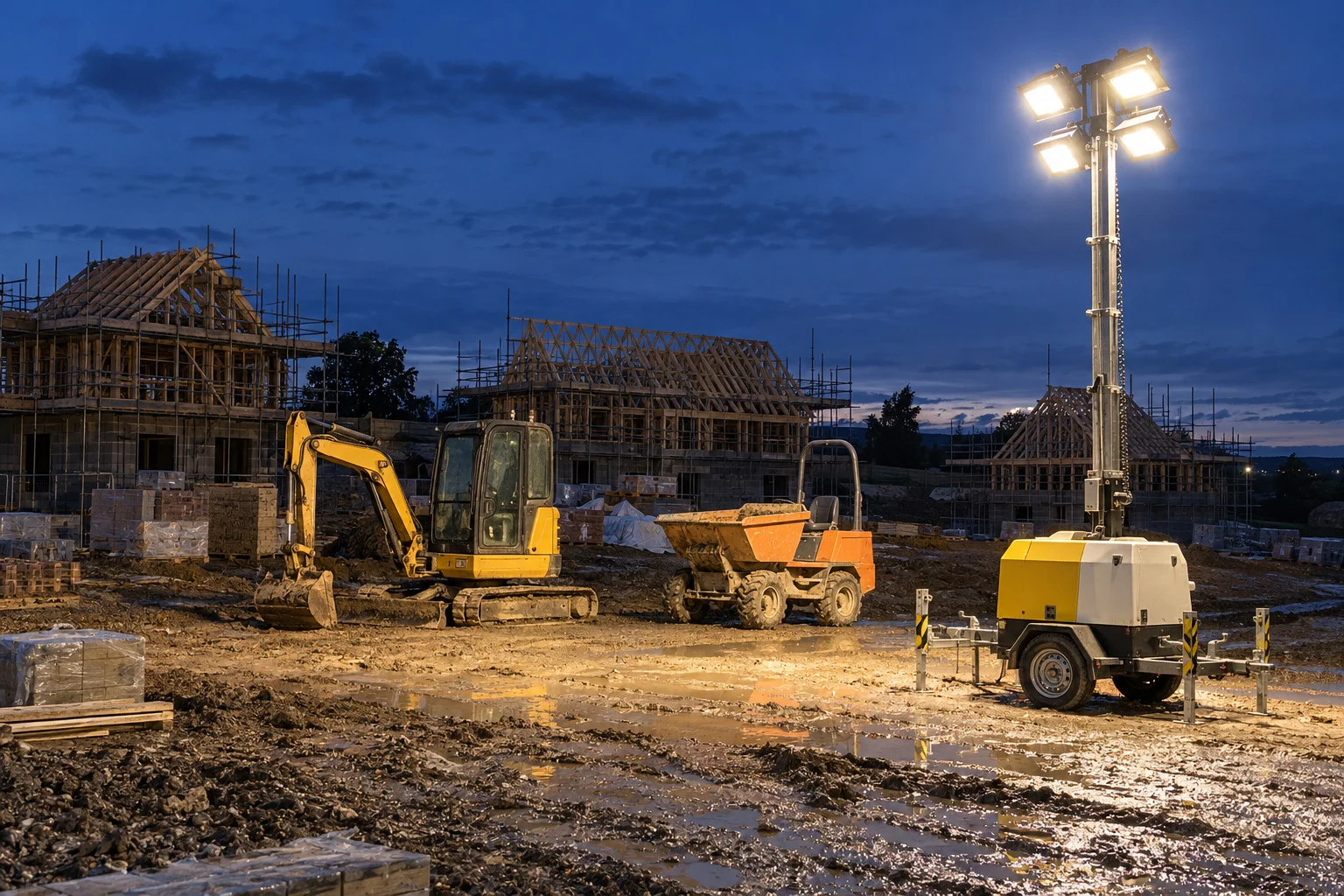 Mobile lighting tower lighting a construction site at dusk