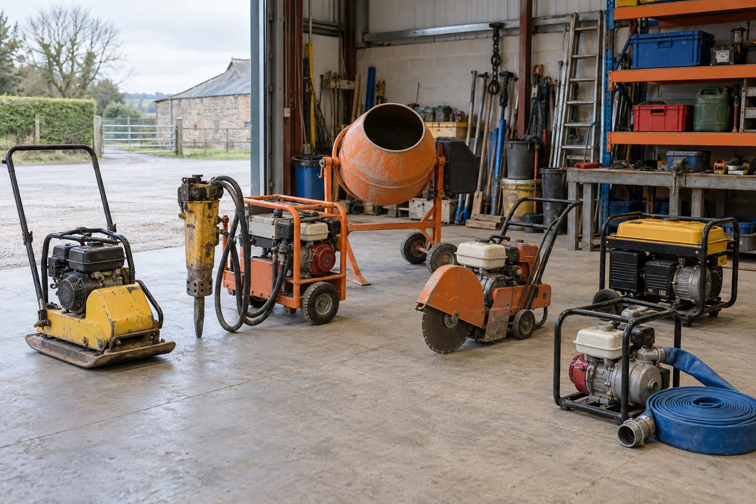 Hire tools lined up in a workshop: wacker plate, breaker, cement mixer, floor saw, generator and water pump