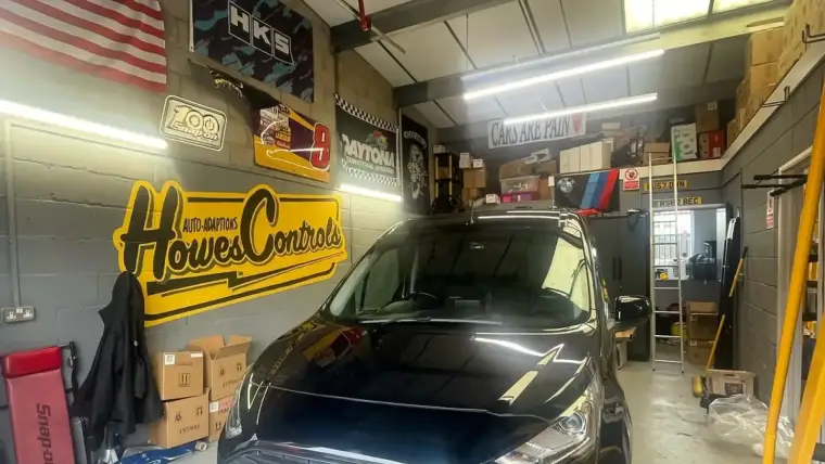 A car in the Howes Controls garage being worked on