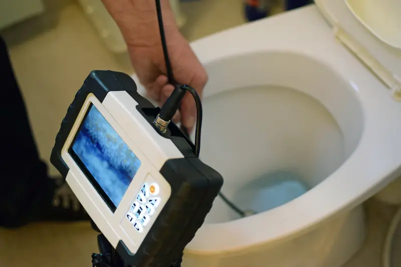 Camera equipment being used to inspect a blocked toilet