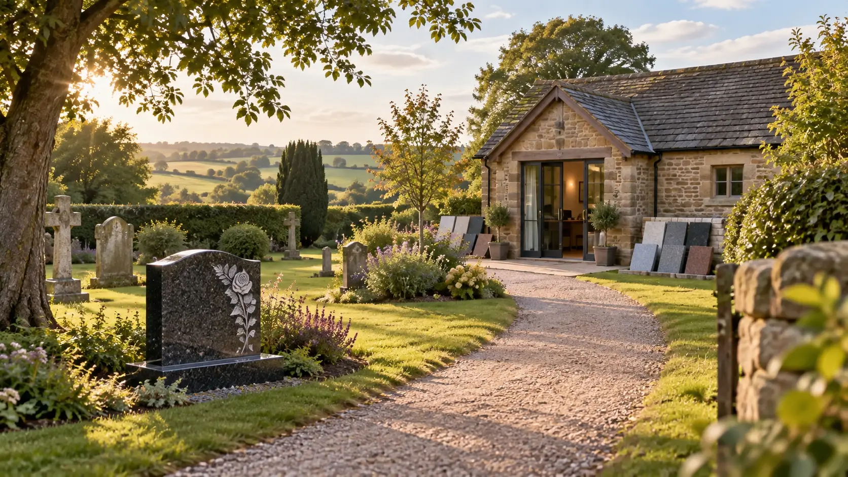 Welcoming rural memorial workshop beside a peaceful country cemetery