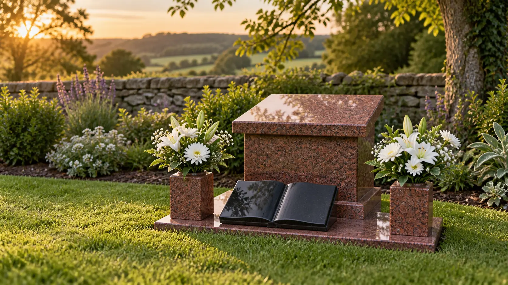 Red granite and open-book cremation memorials in a country memorial garden