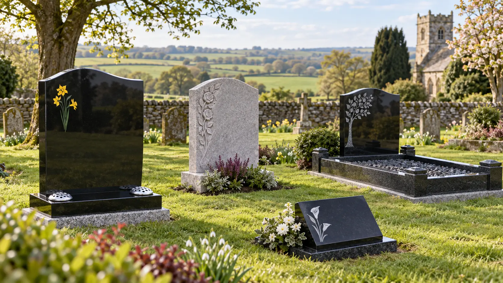 Varied handcrafted headstones, kerbset and plaque in a rural cemetery