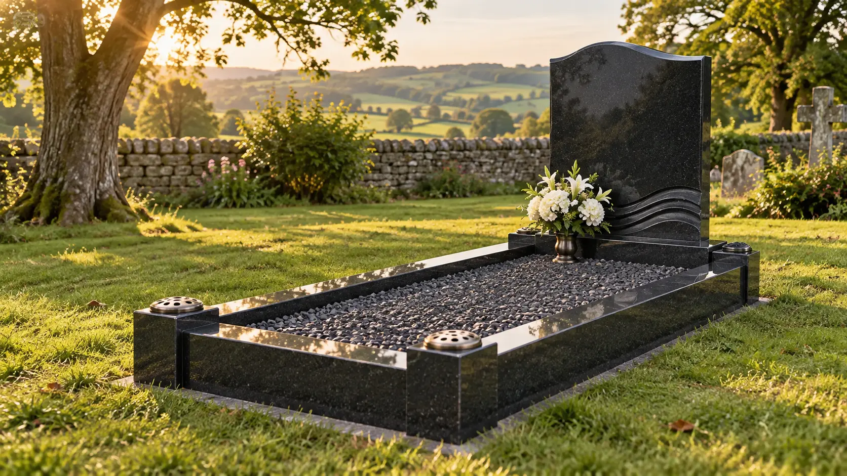 Complete polished granite kerbed memorial in an English country cemetery