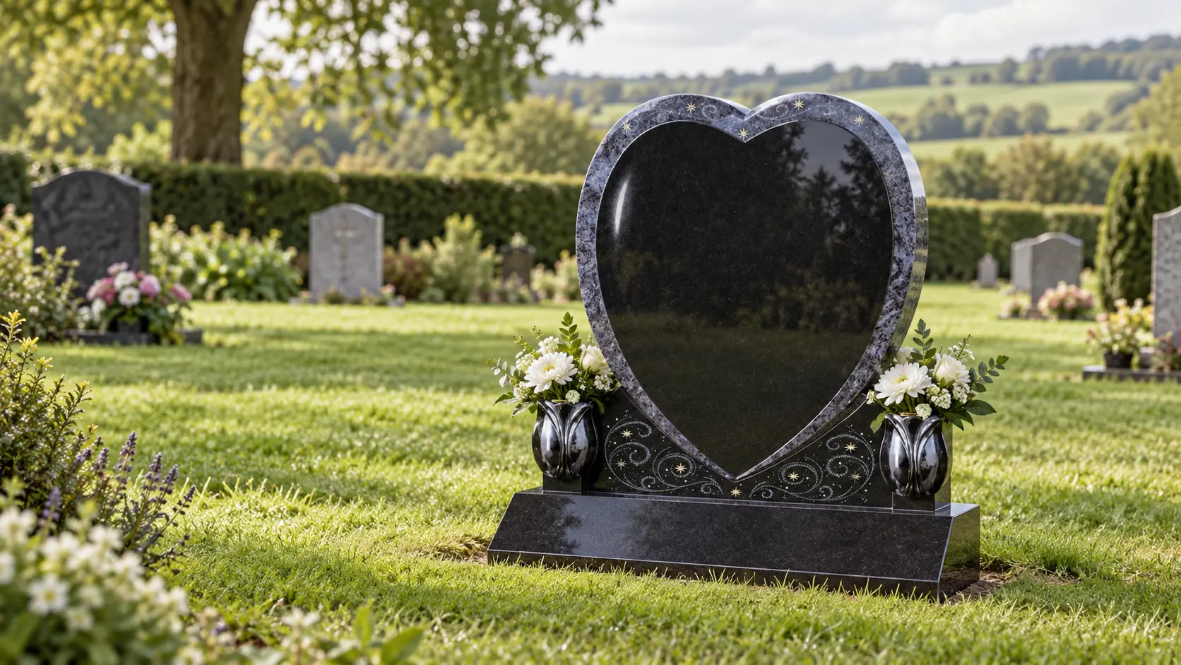 Heart-shaped lawn memorial in a peaceful countryside cemetery